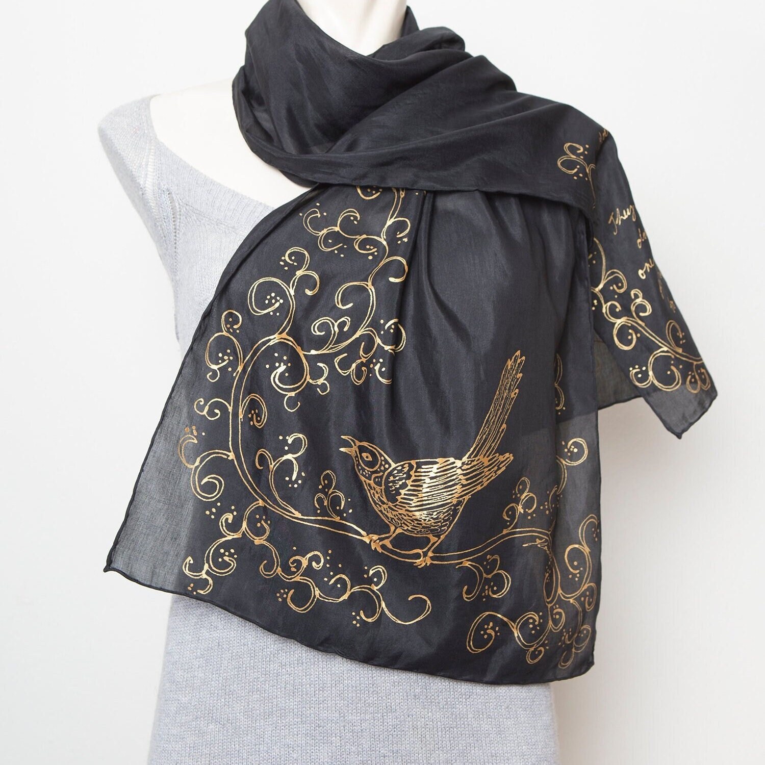 To Kill A Mockingbird Hand Painted Black Silk Scarf Book Gift