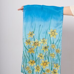 Daffodil Hand Painted Daffodil Print Long Silk Scarf Blue Silk Scarf Floral Silk Scarf Ombre Spring Pure Silk Scarf Birthday Gift 61X16 image 10