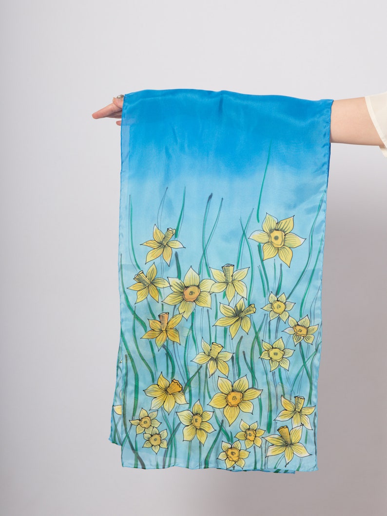 Daffodil Hand Painted Daffodil Print Long Silk Scarf Blue Silk Scarf Floral Silk Scarf Ombre Spring Pure Silk Scarf Birthday Gift 61X16 image 10