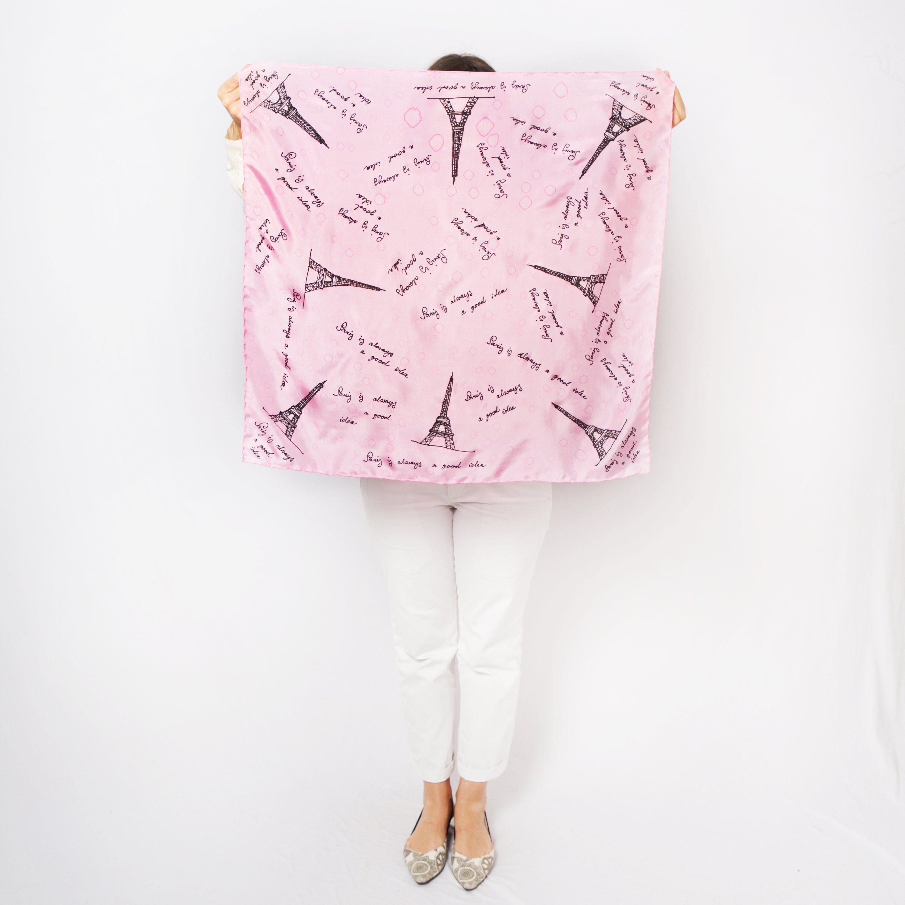 Eiffel Tower Hand Painted Pink Silk Square Scarf Paris Gift 27X27