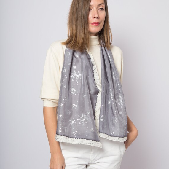 小物 Hand Printed Silk Scarf - grey Snowflake Hand Painted Grey Silk Scarf Winter Let It Snow Scarf