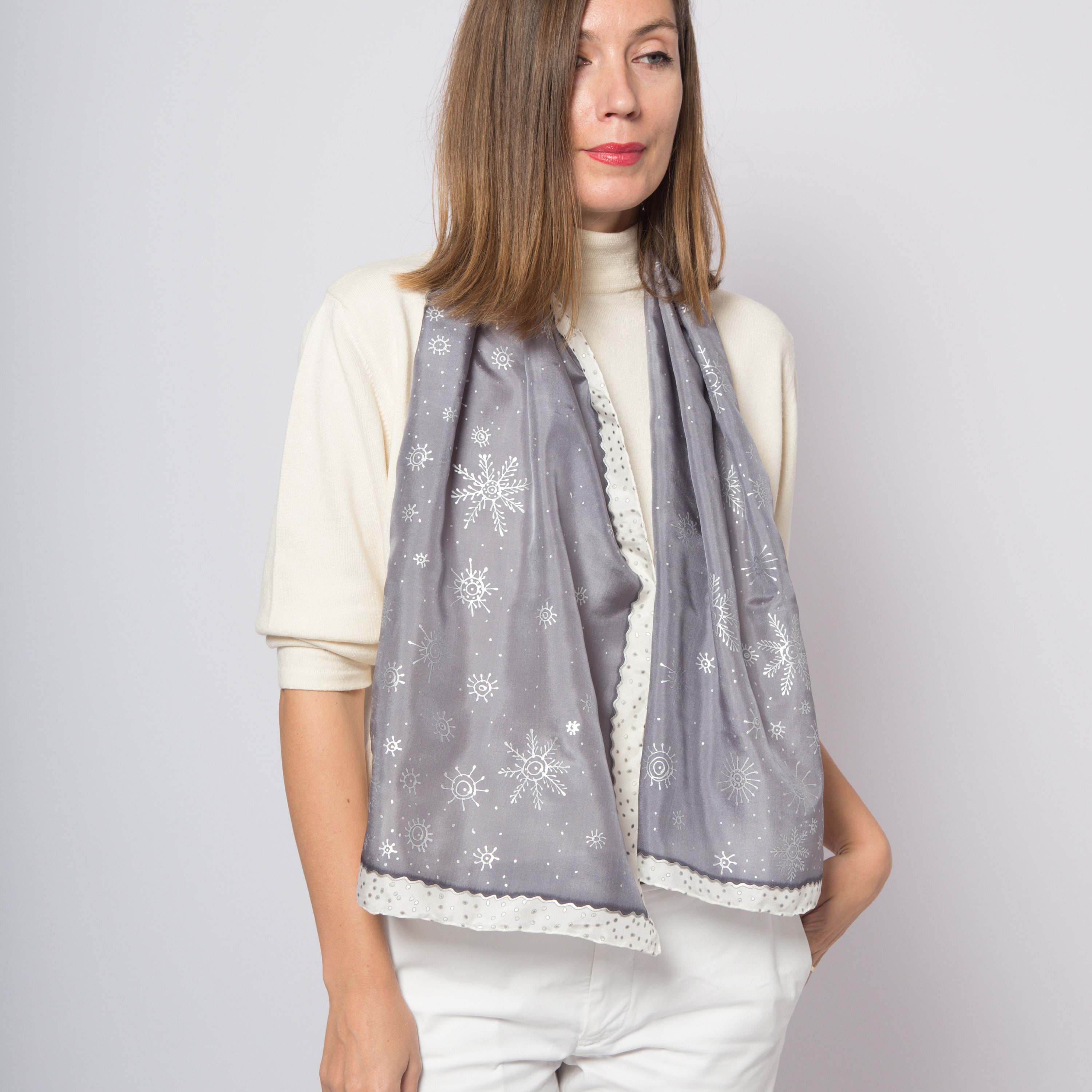 小物 Hand Printed Silk Scarf - grey Snowflake Hand Painted Grey Silk Scarf Winter Let It Snow Scarf
