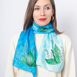 Hand Painted Silk Scarf Lily of The Valley Floral Silk Scarf Lilly Of The Valley Light Blue Silk Scarf Fiance Gift Mother Day May 13X52 image 7