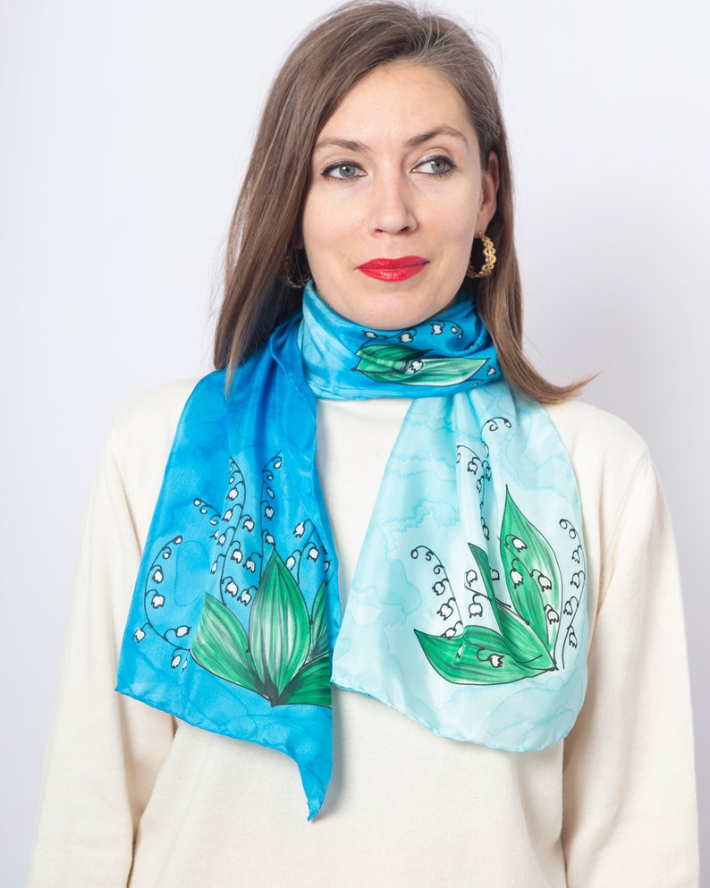 Hand Painted Silk Scarf Lily of The Valley Floral Silk Scarf Lilly Of The Valley Light Blue Silk Scarf Fiance Gift Mother Day May 13X52 image 7