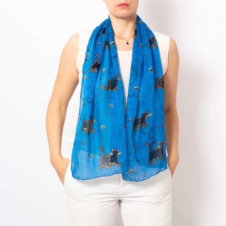 Hand Painted Silk Scarf Cat Scarf Black Cat Silk Chiffon Scarf Cat Print Blue Silk Scarf Cat Lover Gift Cat Mom Gift Mother Day Gift54X13 image 1