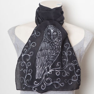 Owl Scarf Silk Cotton Scarf Hand Painted Scarf Silver Black Silk Scarf Owl Print Bird Lover Gift Bird Scarf Gift for Her 58X13 image 6