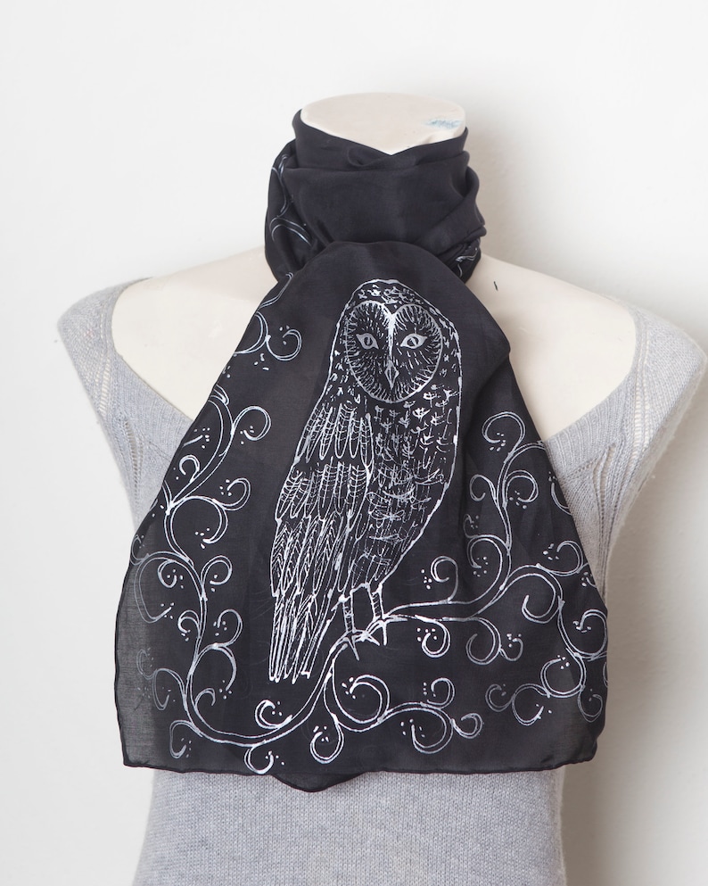 Owl Scarf Silk Cotton Scarf Hand Painted Scarf Silver Black Silk Scarf Owl Print Bird Lover Gift Bird Scarf Gift for Her 58X13 image 6