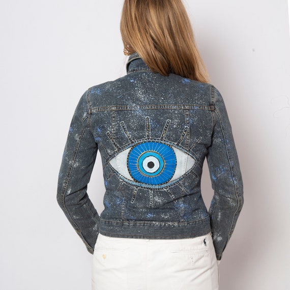 Evil Eye Hand Painted Denim Jacket Upcycled Denim… - image 1