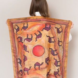 Camel Print Hand Painted Silk Scarf Camel Scarf Square Silk Scarf Desert Print Foulard Femme Red Orange Morocco Egypt Arab Emirates 37X37 image 2