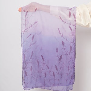 Lavender Hand Painted Scarf Silk Scarf Ombre Lilac Purple Floral Print Scarf Silk Scarf Women Gift for Her Summer Scarf 52X14 image 8