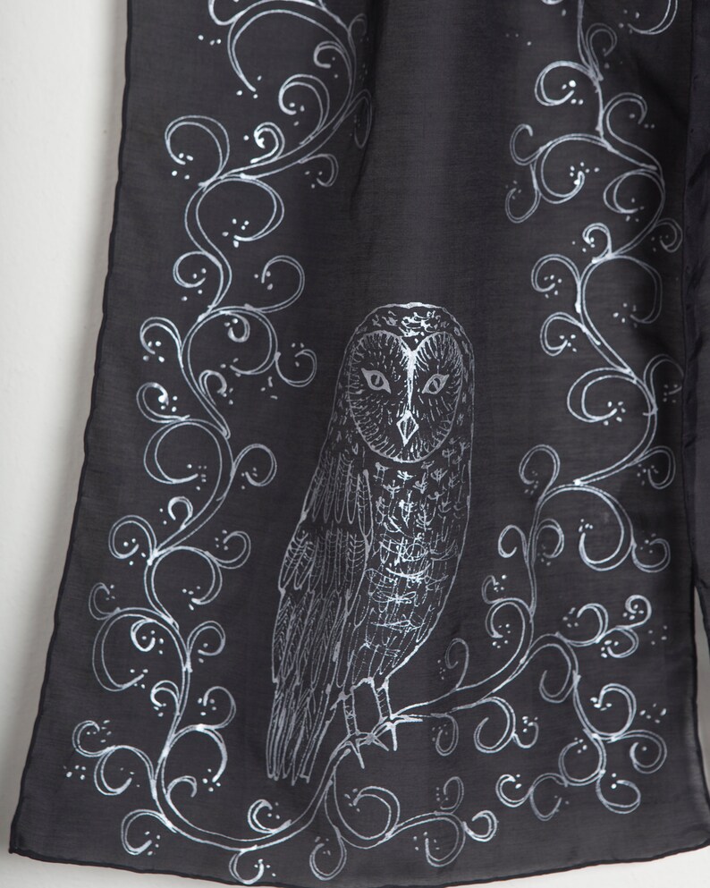 Owl Scarf Silk Cotton Scarf Hand Painted Scarf Silver Black Silk Scarf Owl Print Bird Lover Gift Bird Scarf Gift for Her 58X13 image 5