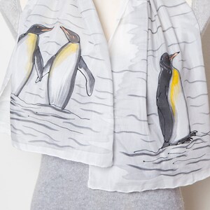 Penguin Hand Painted Scarf Silk Cotton Scarf Antarctica North Pole Penguin Gifts Scarf Fiance Gift Save Penguins Christmas Gift 53X13 image 10