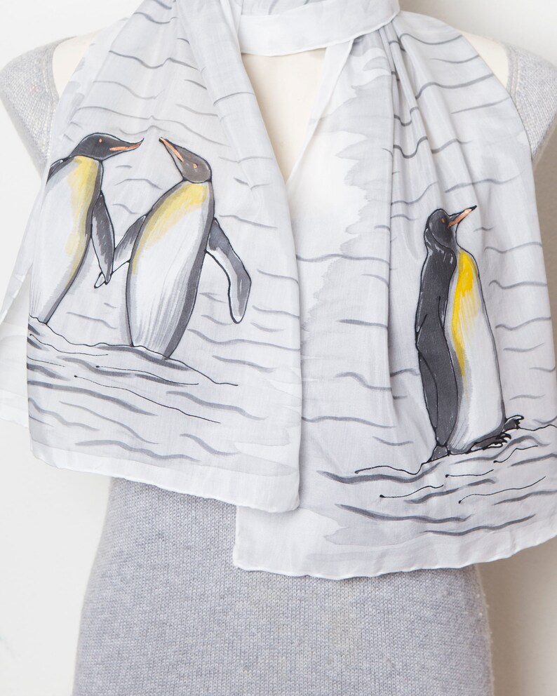 Penguin Hand Painted Scarf Silk Cotton Scarf Antarctica North Pole Penguin Gifts Scarf Fiance Gift Save Penguins Christmas Gift 53X13 image 10