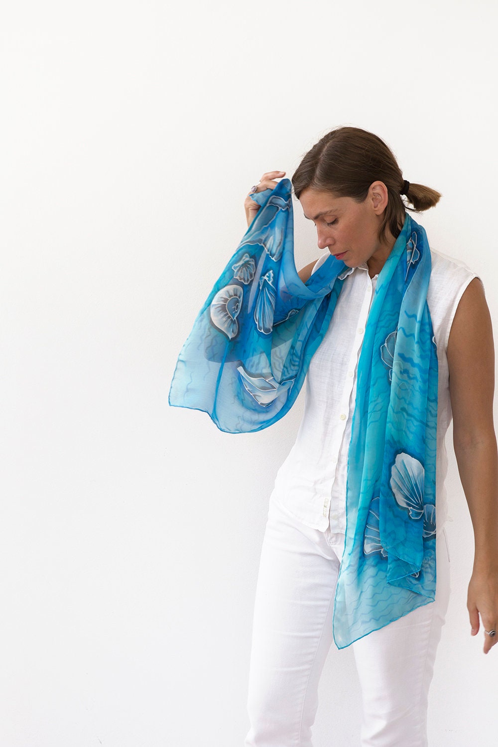 Seashell Hand Painted Blue Silk Chiffon Scarf Wedding Shawl