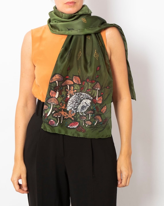 Sciarpa di seta dipinta a mano con riccio, sciarpa di seta verde