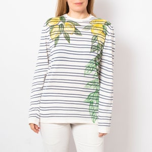 Lemon Print Striped Cotton Sweater Hand Painted Sweater Upcycled White Blue Striped Spring Sweater Long Sleeve Will fit S M Amalfi Style image 1