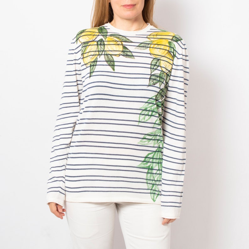 Lemon Print Striped Cotton Sweater Hand Painted Sweater Upcycled White Blue Striped Spring Sweater Long Sleeve Will fit S M Amalfi Style image 1