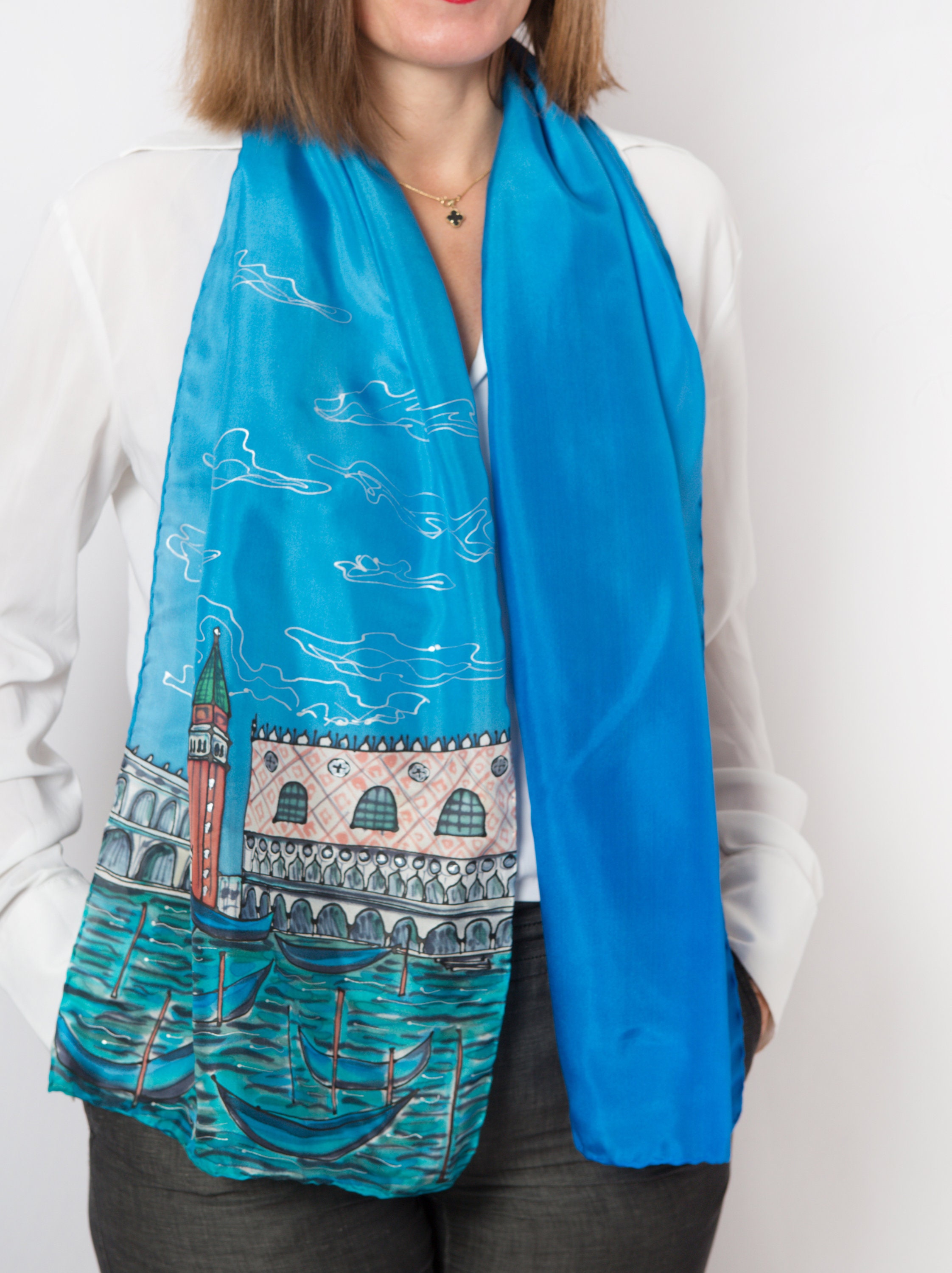 St Mark Square Venice Hand Painted Blue Silk Scarf Souvenir Travel