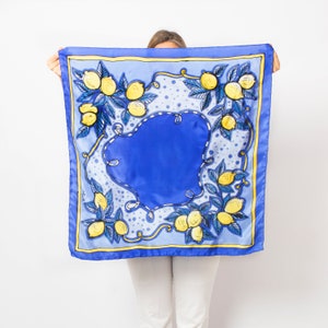 Positano Amalfi Lemon Scarf Hand Painted Blue Silk Scarf Silk Head Scarf Small Summer Hair Scarf Amalfi Gift Lemon Print Lemon Gifts 29X29