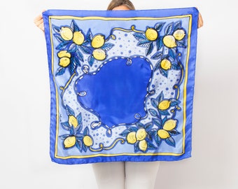 Lemon Scarf Hand Painted Silk Scarf Blue Silk Scarf Silk Head Scarf Pure Silk Scarf Summer Scarf Women Hair Scarf Lemon Print 29X29