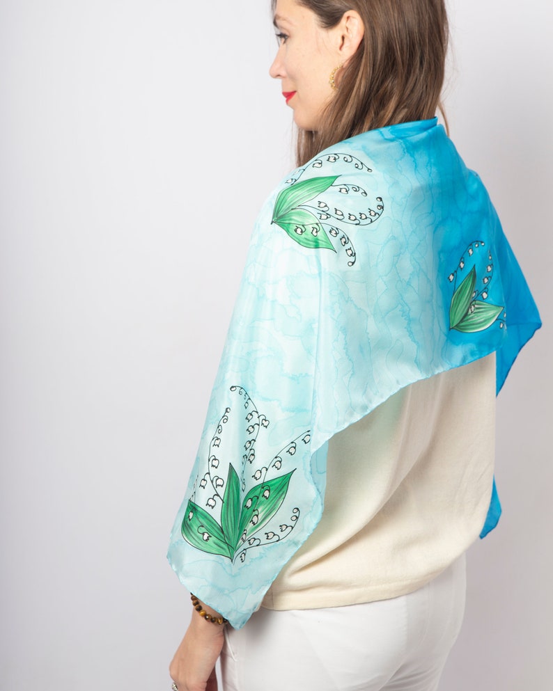 Hand Painted Silk Scarf Lily of The Valley Floral Silk Scarf Lilly Of The Valley Light Blue Silk Scarf Fiance Gift Mother Day May 13X52 image 3