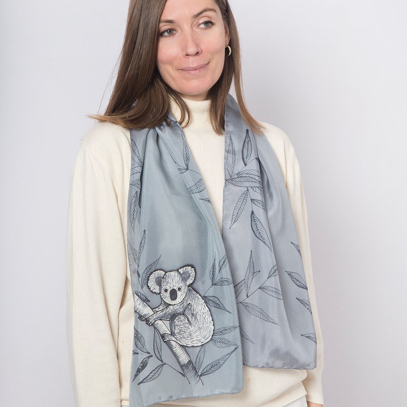 Koala Hand Painted Silk Scarf Koala Bear Australia Koala Print Grey Silk Scarf Mom Gift Pure Silk Scarf Save Koalas Koala Gifts 53X14 image 1