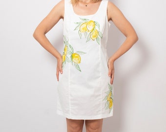 Lemon Dress White Cotton Sleeveless Fitted Pencil Dress Italian Summer Dress Amalfi Coast Sorrento Lemon Print Holiday Dress Size L