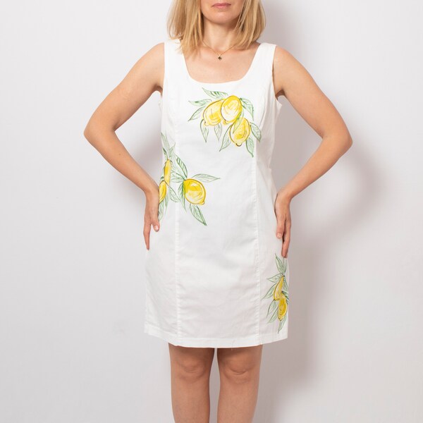 Lemon Dress White Cotton Sleeveless Fitted Pencil Dress Italian Summer Dress Amalfi Coast Sorrento Lemon Print Holiday Dress Size L