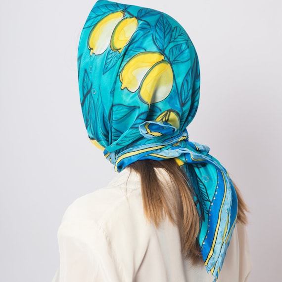 Capri Amalfi Lemon Hand Painted Blue Silk Head Scarf Capri Gift