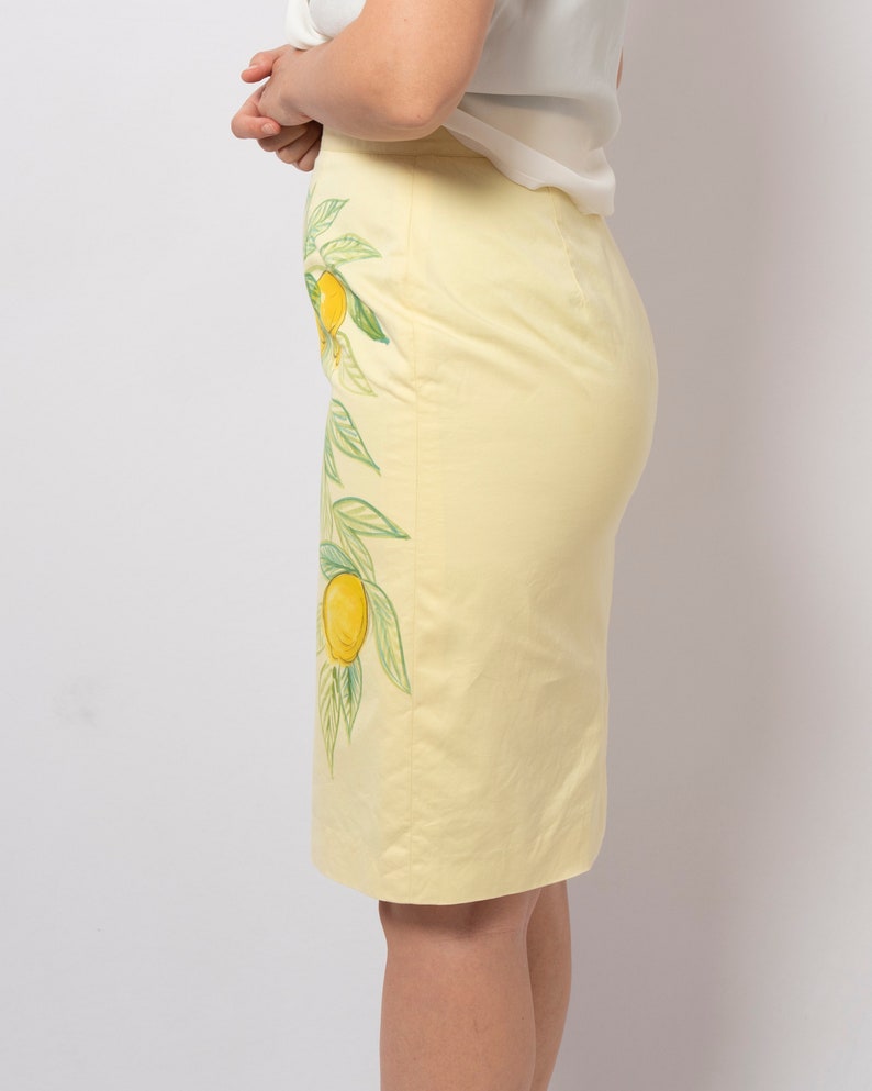 Lemon Print Hand Painted Skirt Floral Yellow High Waist Pencil Skirt Amalfi Italian Summer Holidays Lemon Italian Style Amalfi Coast Size M image 3