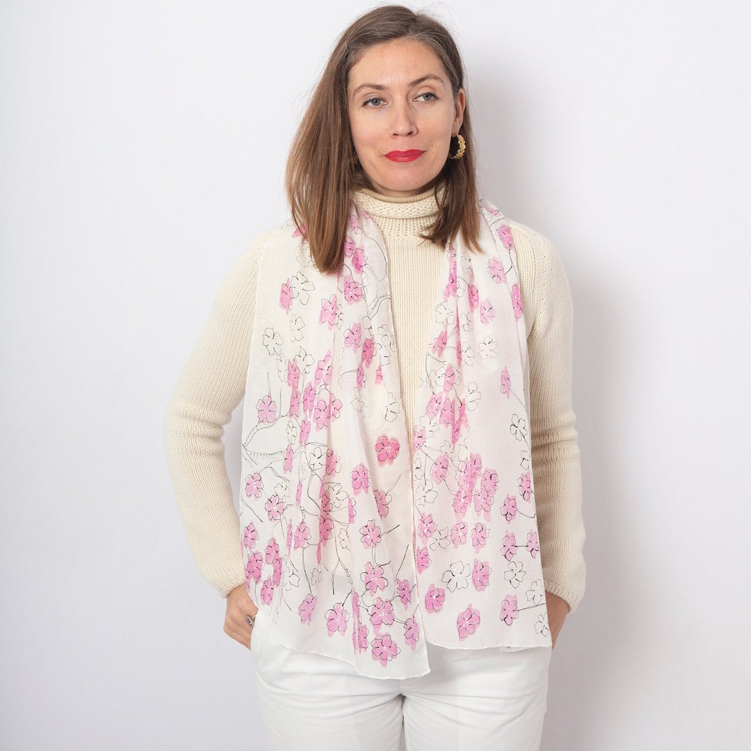 Cherry Blossoms Hand Painted White Silk Scarf Sakura Print 58X18 - Etsy