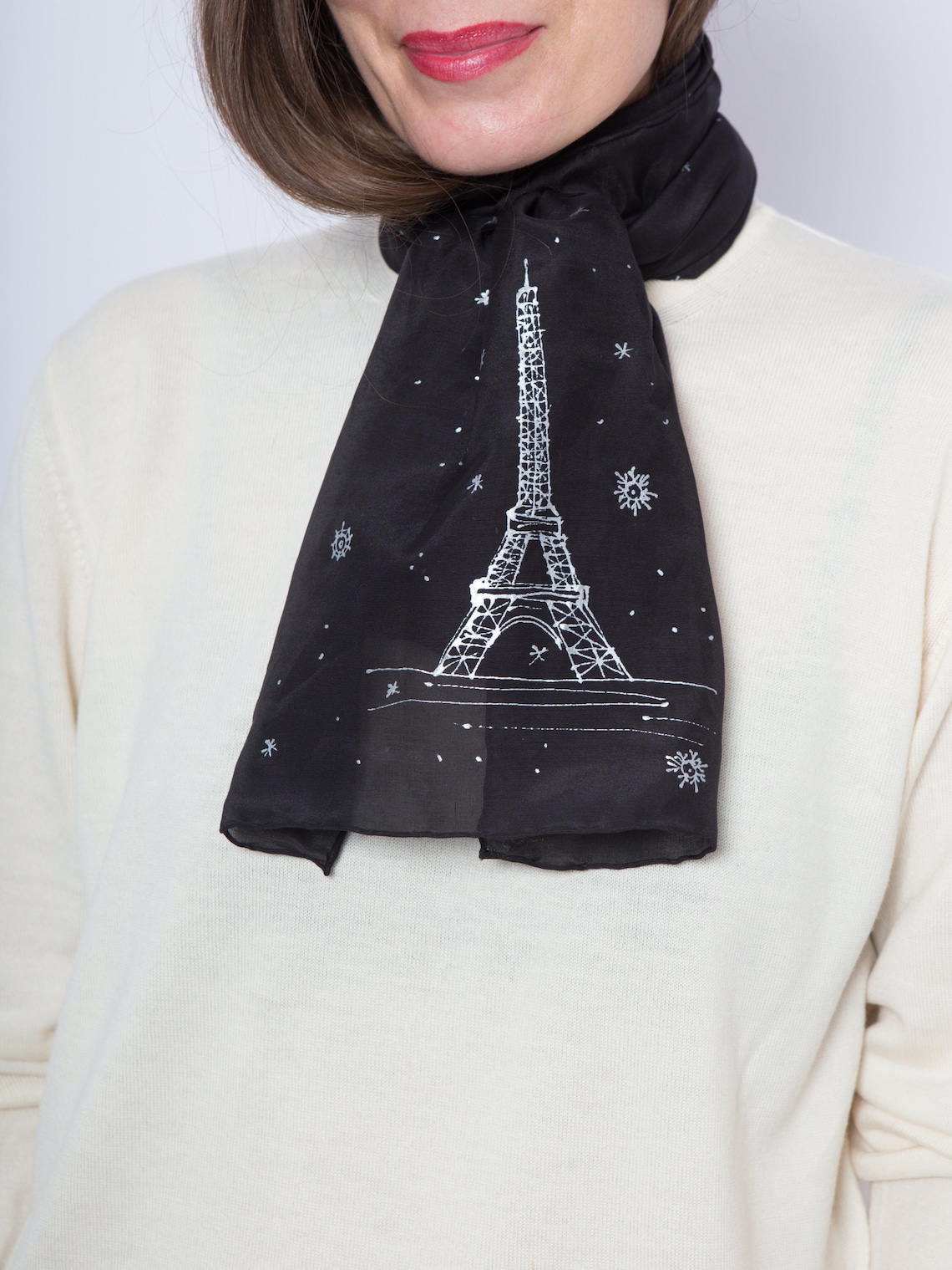 Eiffel Tower Black Silk Cotton Scarf Hand Painted Scarf Paris Etsy