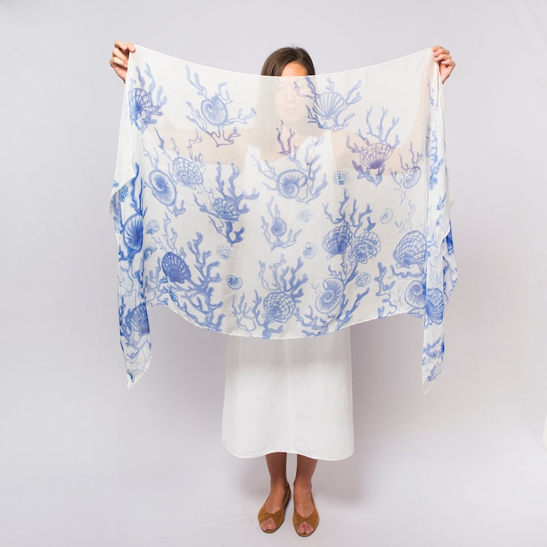 Hand Painted Silk Scarf Silk Chiffon Scarf Seashell Print Coral Blue White Scarf Greece Beach Wedding Summer Scarf Anniversary Gift 29X65 image 1