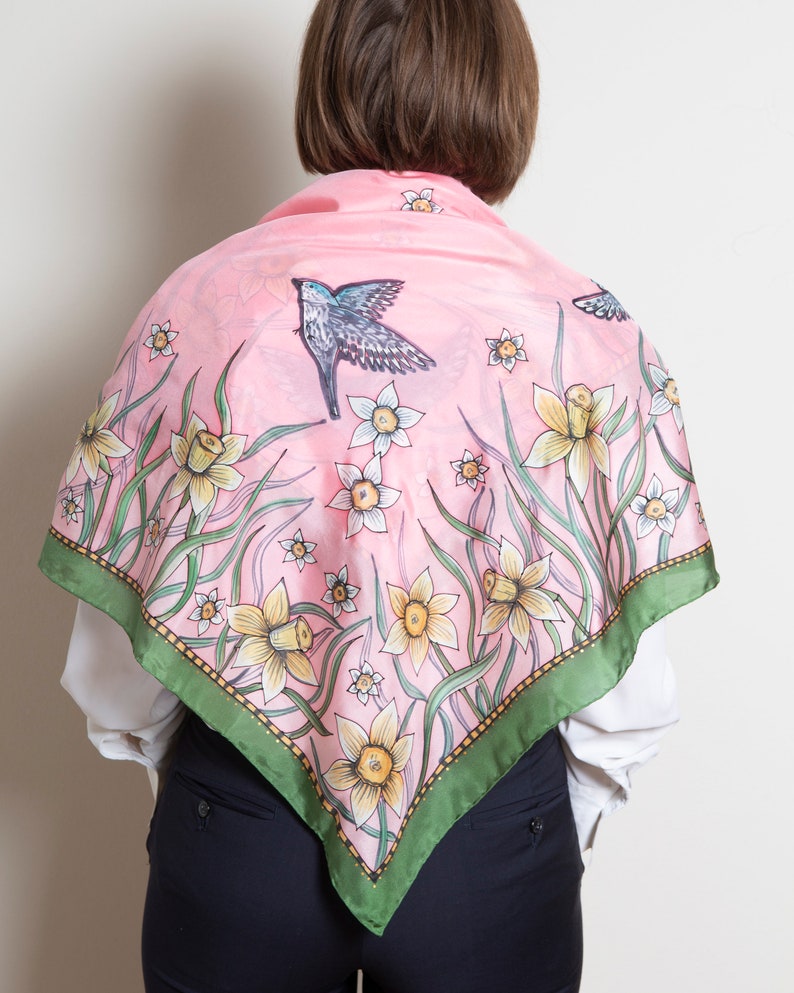 Daffodil Hand Painted Floral Silk Scarf Silk Square Scarf Daffodil Scarf Pink Silk Scarf Bird Scarf Pure Silk Scarf Gift for Mom, Wife 35X35 image 4