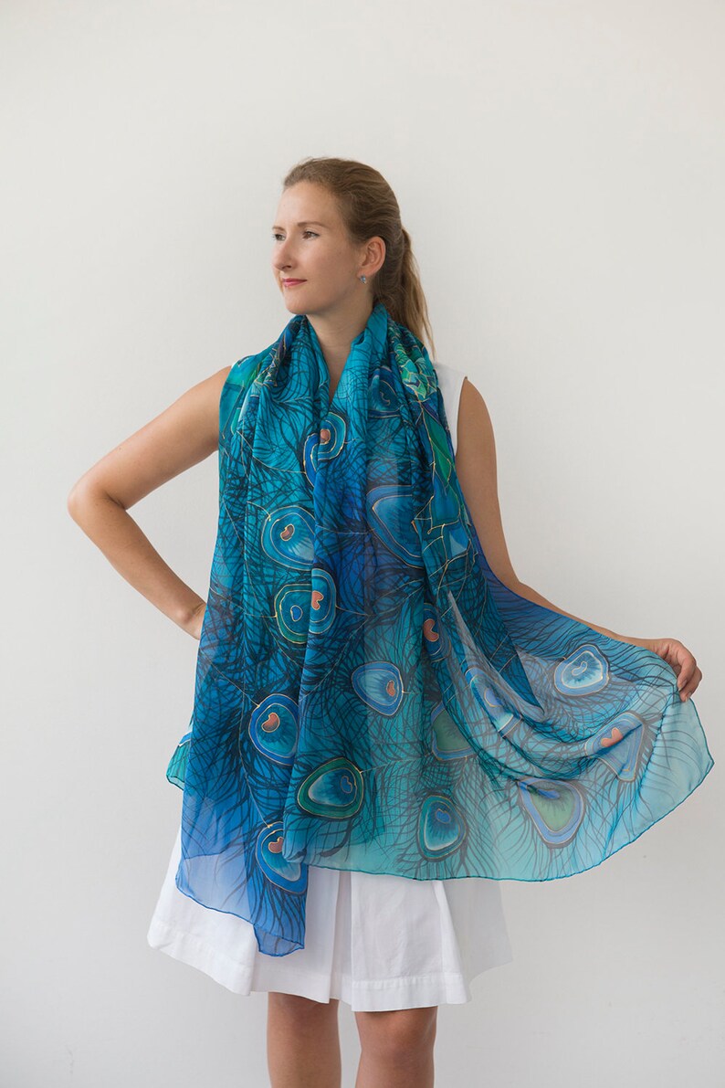 Peacock Scarf Hand Painted Silk Scarf Peacock Wing Scarf Chiffon Scarf Large Scarf Sarong Peacock Wedding Silk Shawl Pure Silk Scarf 70X35 image 4