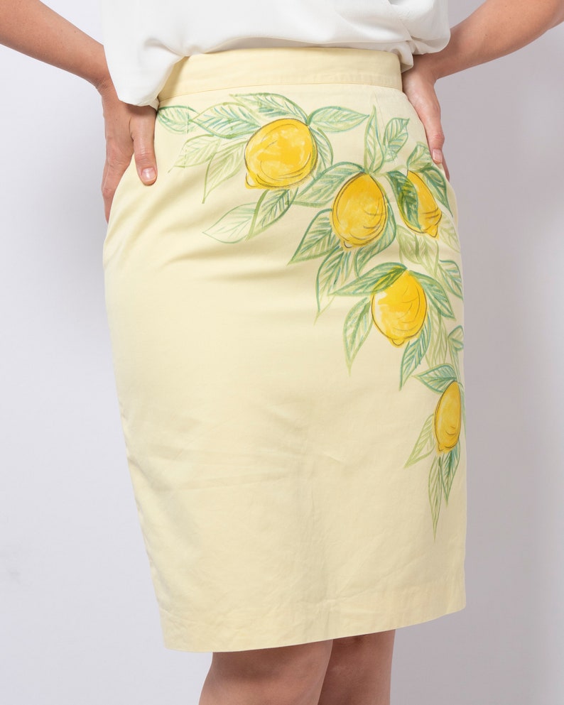 Lemon Print Hand Painted Skirt Floral Yellow High Waist Pencil Skirt Amalfi Italian Summer Holidays Lemon Italian Style Amalfi Coast Size M image 5