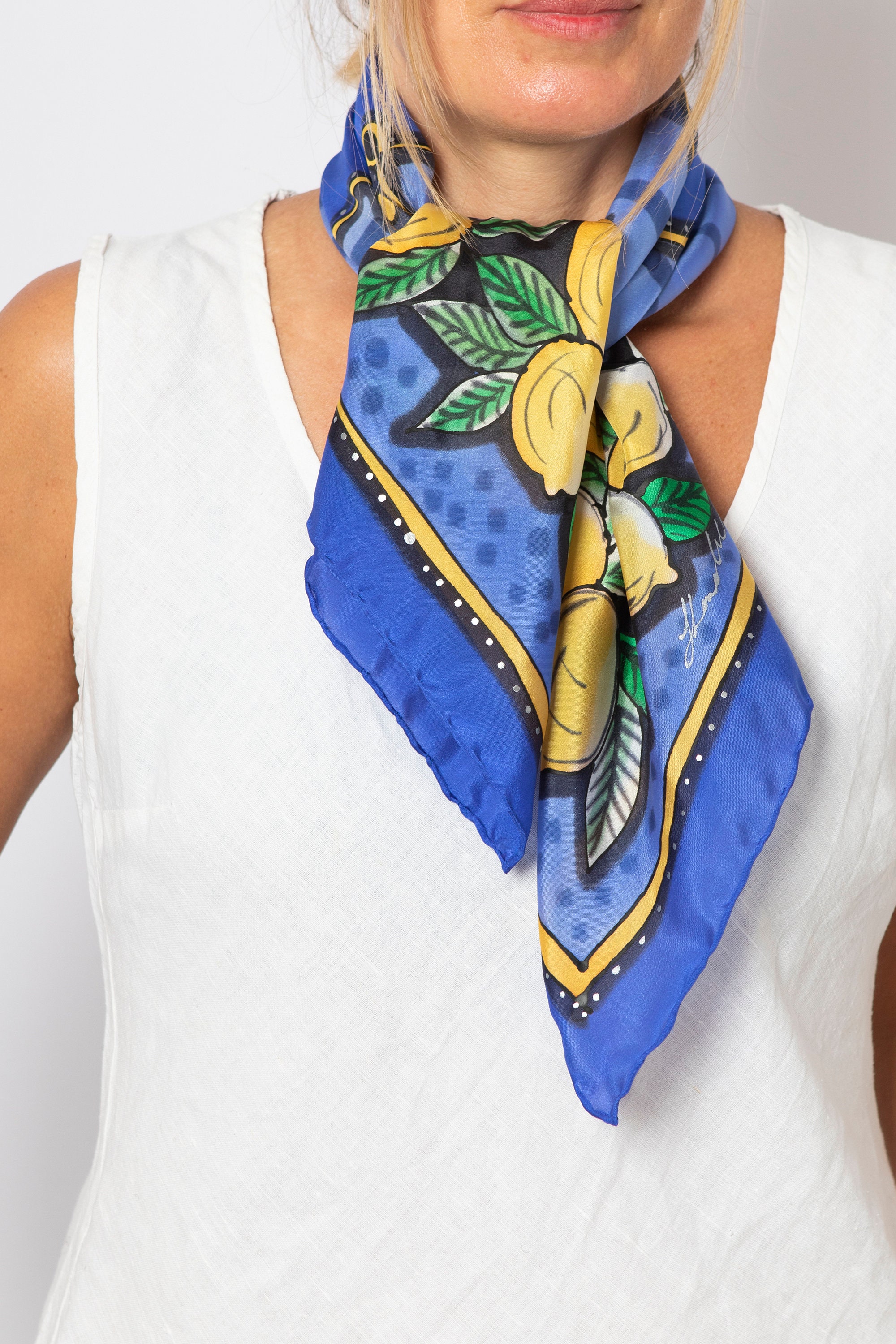 Amalfi Lemon Print Hand Painted Blue Striped Silk Scarf Summer