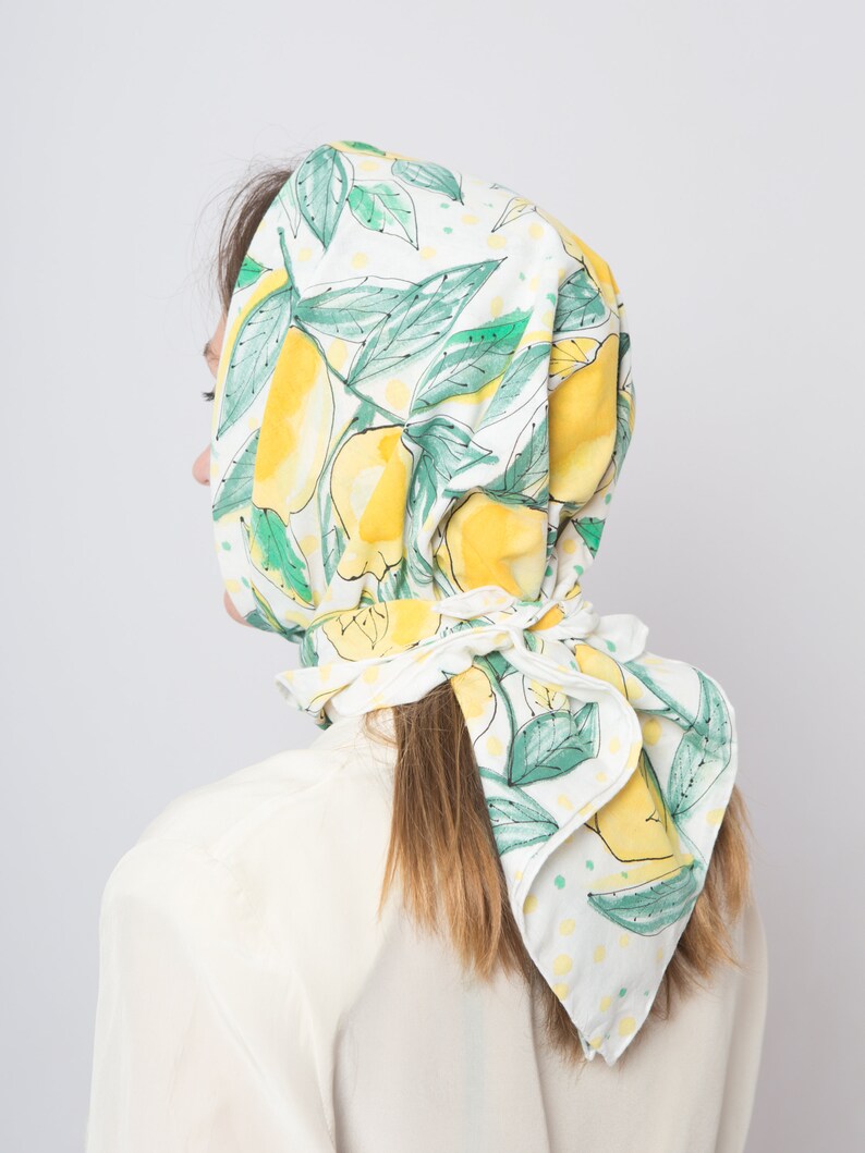 Lemon Print Hand Painted Silk Scarf Floral Square Scarf White Silk Scarf Italy Lemon Scarf Cotton Scarf Square Silk Scarf Birthday Gift33X33 image 5