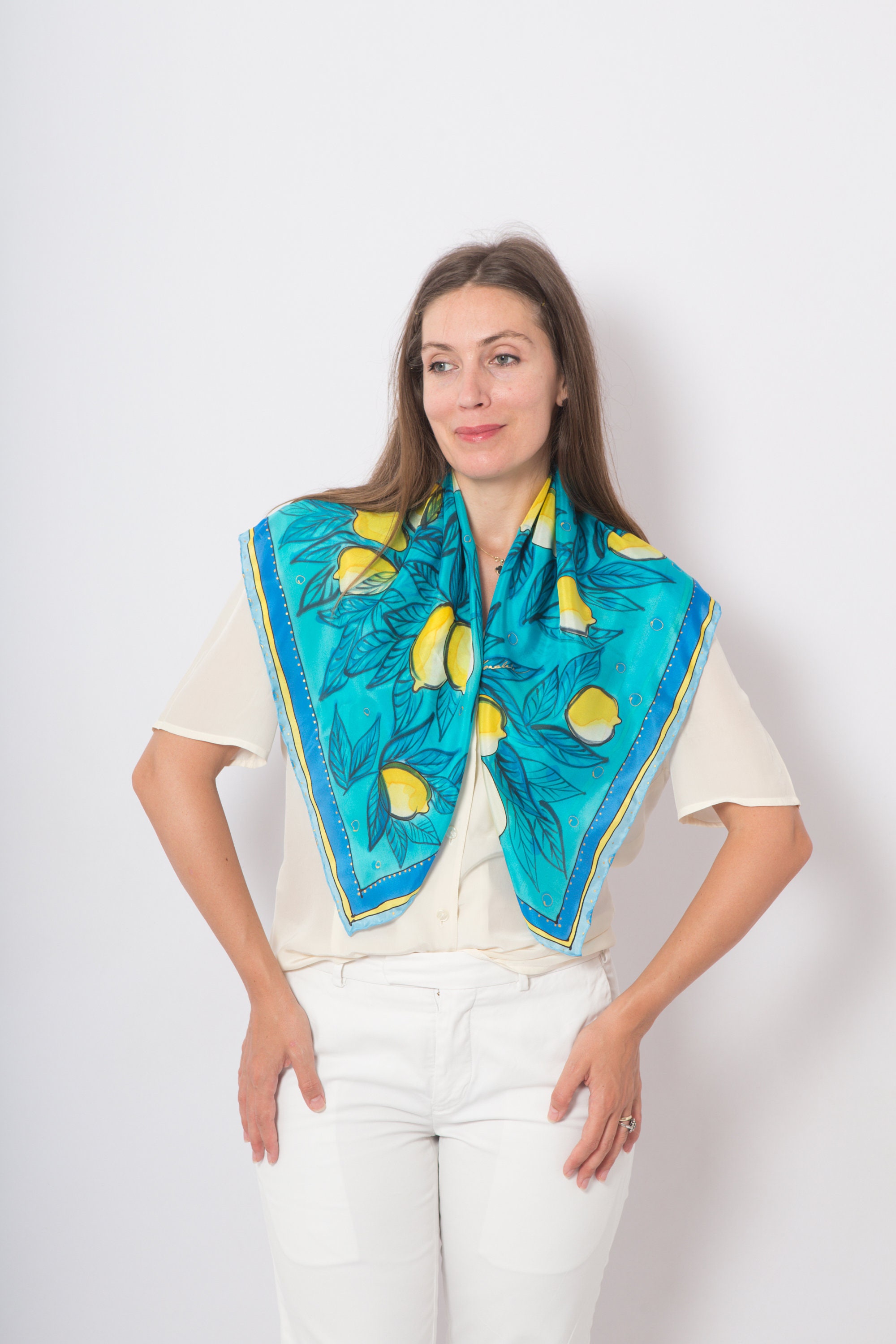 Amalfi Print Hand Painted Blue Lemon Silk Square Scarf Foulard