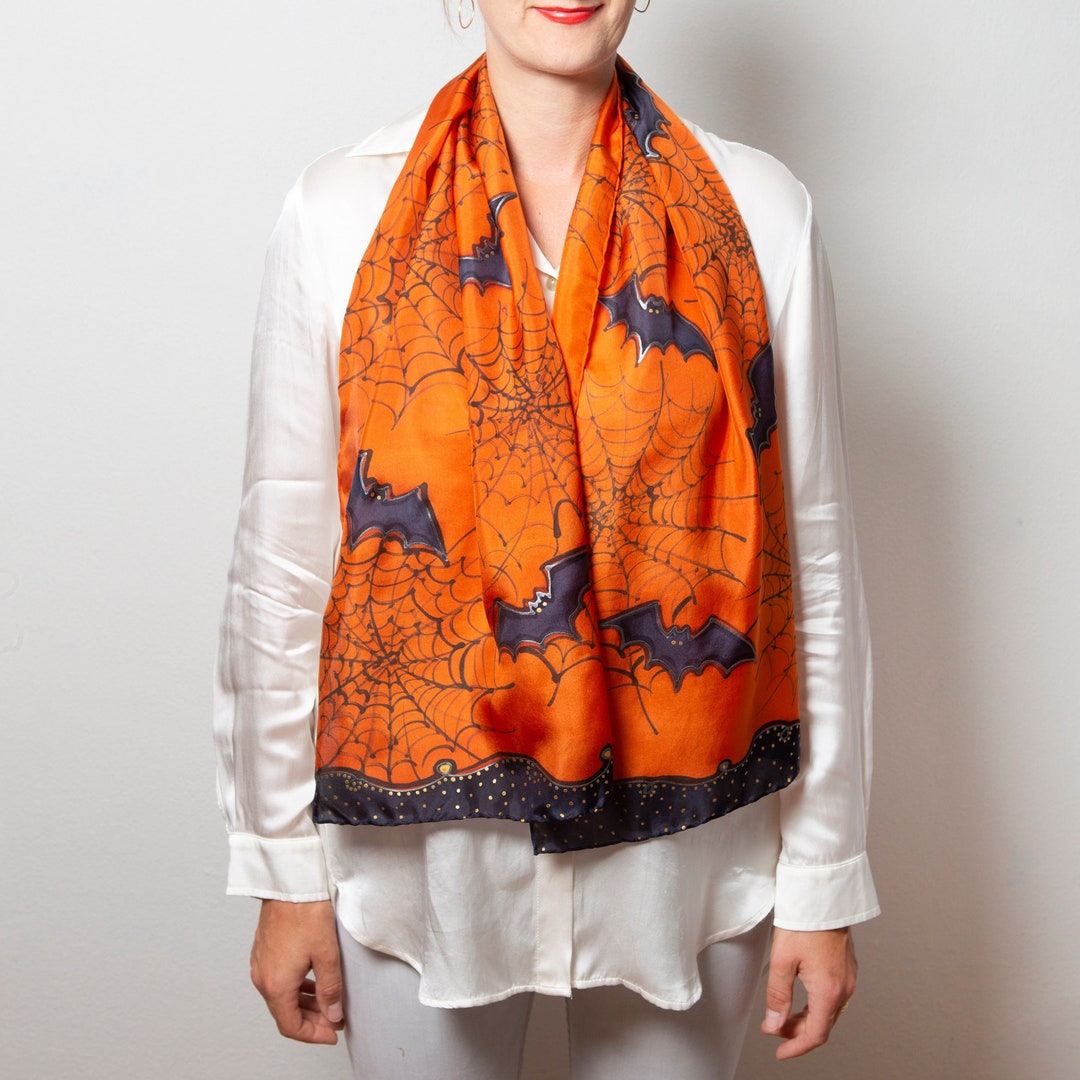 Bat Halloween Hand Painted Silk Scarf Orange Black Halloween Etsy