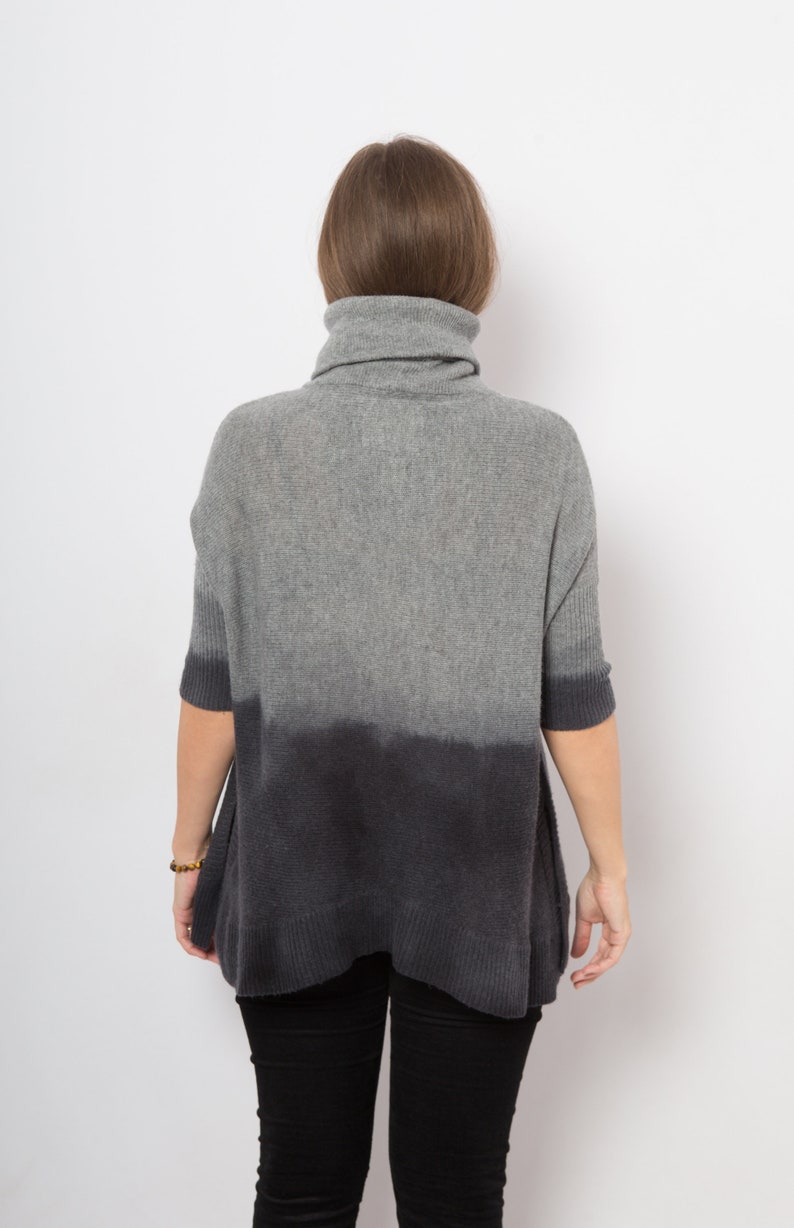 Grey Wool Sweater Short Sleeve Wool Sweater Hand Dyed Ombre Sweater Upcycled Sweater Dark Grey Sweater Turtleneck Wool Jumper Will fit S M image 8