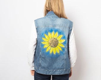 Sunflower Denim Vest Upcycled Clothing Sunflower Print Vest Sunflower Painting Floral Casual Spring Vest Ukraine No War Size L