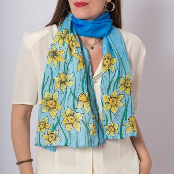 Daffodil Hand Painted Blue Silk Scarf Spring Floral Shawl Mom