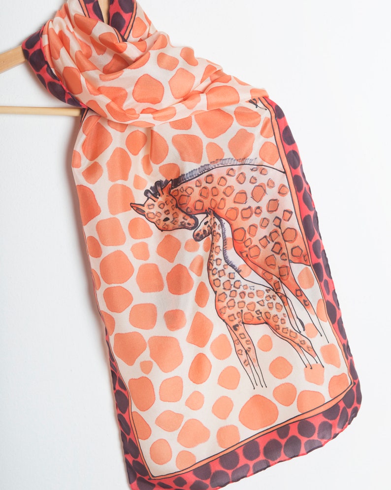 Giraffe Hand Painted Silk Scarf Red Beige Africa Giraffe Print Foulard Animal Print Scarf Travel Scarf Summer Scarf Women Gift for Her 52X14 image 8