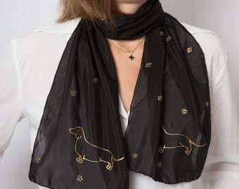 Dachshund Hand Painted Silk Scarf Dachshund Wiener Black Silk Scarf Dog Scarf Dog Mom Gift Gold Black Scarf Dachshund Gifts Mom Gift 53X11