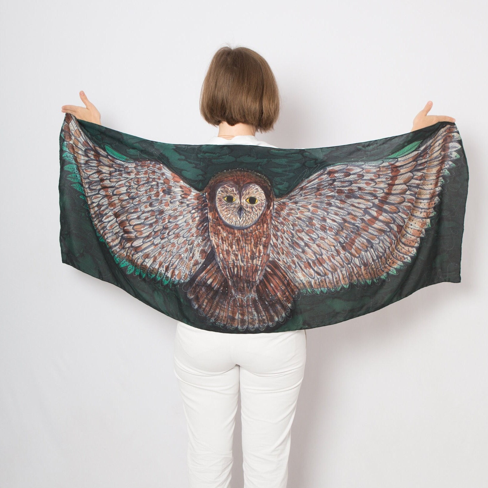 Owl Print Scarf Hand Painted Silk Scarf Silk Crepe Scarf Green Silk Scarf Bird Scarf Wing Scarf Bird