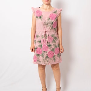 Hydrangea Dress Summer Linen Dress Pink Pull On Linen Dress Hand Painted Short Sleeve Linen Sundress Dress Will fit S M Sizes image 3