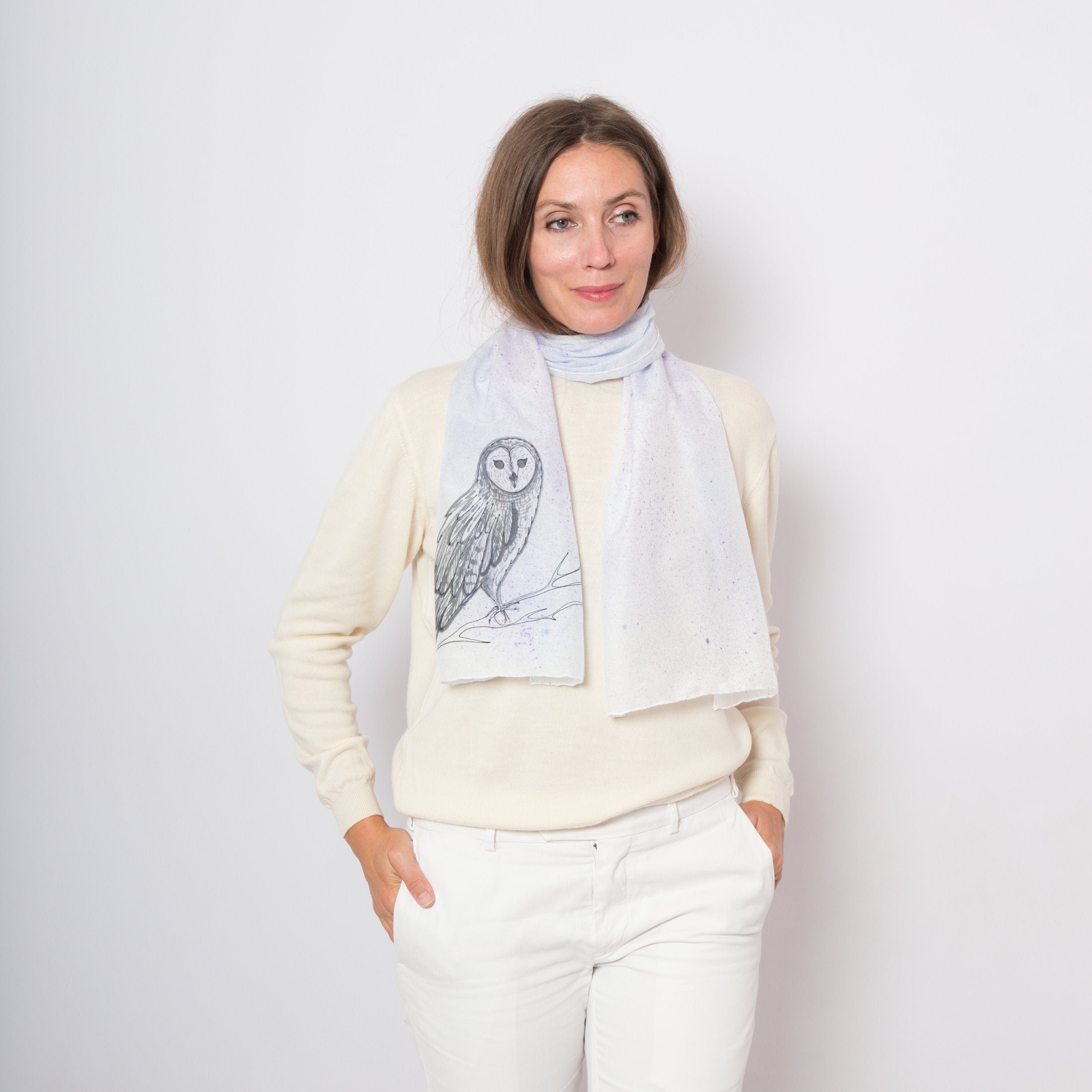 Owl Hand Painted Galaxy Silk Scarf Winter Bird Lover Scarf Owl Lover Gift 59X13