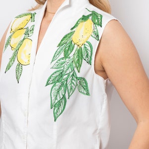 Lemon Print White Blouse Cotton Hand Painted Shirt Upcycled Blouse Fitted Button Down Shirt Sleeveless Summer Blouse Size L Italian Style image 3