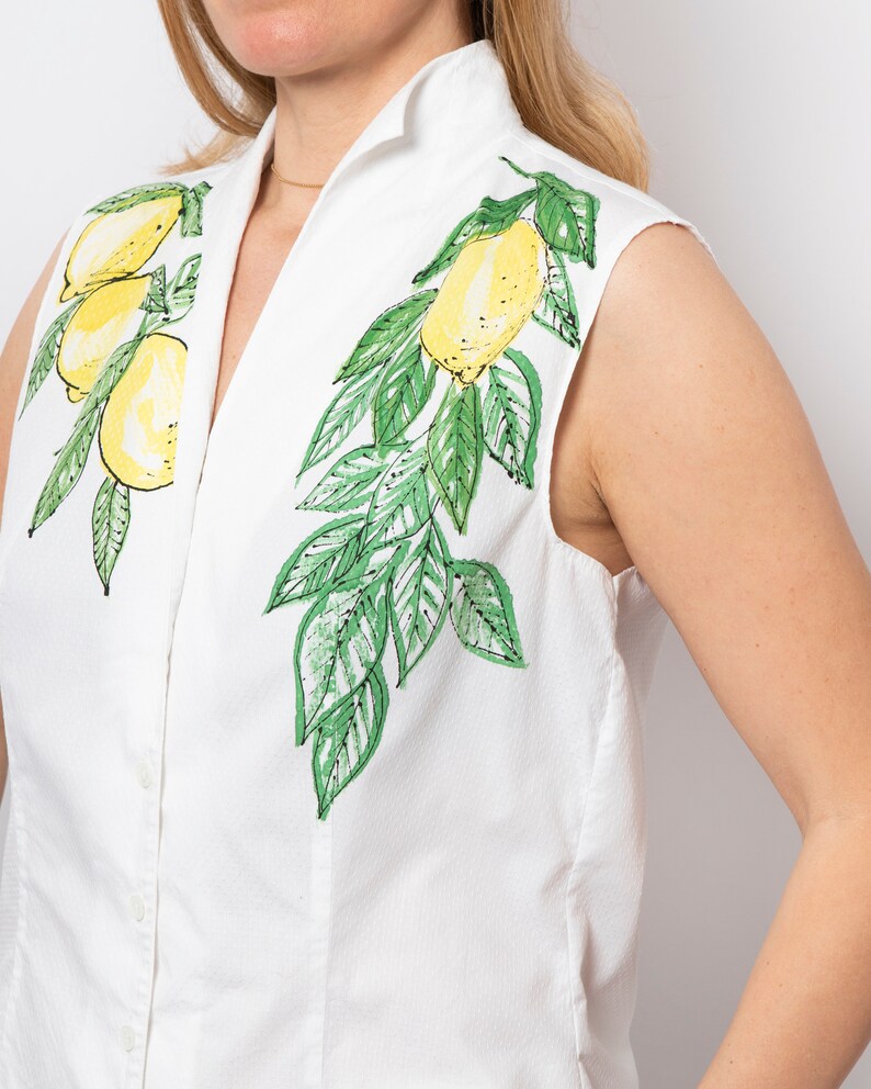 Lemon Print White Blouse Cotton Hand Painted Shirt Upcycled Blouse Fitted Button Down Shirt Sleeveless Summer Blouse Size L Italian Style image 3